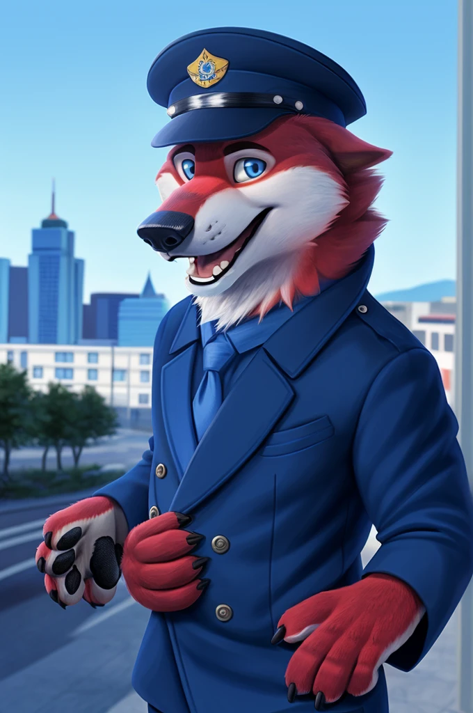 Ivan Wolfbach (Almaty, Kazakhstan),high,Beautiful,slim,24 years,wolf, red fur,high Beautiful wolf, 24 years,(red body:1.3),beautiful blue eyes,Almaty, Kazakhstan,Kazakhstan,dressed,Pilot's uniform,китель blazer командира воздушного судна,pilot uniform, stripe, cap, blazer, White shirt, tie, trousers,canine, wolf, detailed fur, male, antro, paw pads, finger claws, at viewer, 5 fingers, paws, 5 fingers,morning,digital photography, soft focus,good mood,photorealism, realistic, photorealistic,digital style,from close walks around the city, Very close to the camera, digital photography, smile positive, good,mood,flag of Russia, open mouth laughter, 
masterpiece, Best quality, ultra realistic, 8 k)