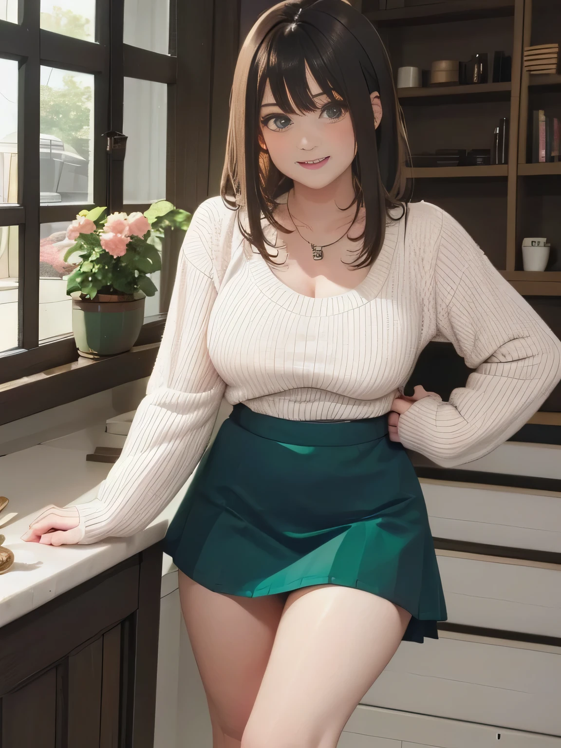 Appearance: Medium-length hair with dark green and light blonde highlights
Outfit: White ribbed sweater, dark skirt
Accessories: Necklace, holding a smartphone with a pink case
Expression: Blushing face, smiling, slightly sweaty
Pose: Slightly bent over, one hand lifting skirt
Background: Indoor setting, warm lighting