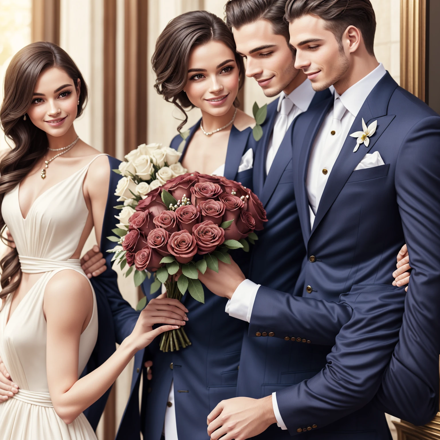 A suave and sophisticated man in love, standing at a distance, gaze filled with adoration and anticipation. He holds a stunning bouquet of roses, each bloom vibrant and fresh, with petals of crimson, blush pink, and soft white. His attire, impeccably tailored, exudes elegance as he prepares to present the flowers to his beloved.

The captivating woman, awaiting him with a radiant smile, is dressed in a chic ensemble, her delicate features accentuated by delicate makeup. Her luxurious brunette hair cascades down her shoulders, framing her captivating face.

The scene unfolds in an idyl
