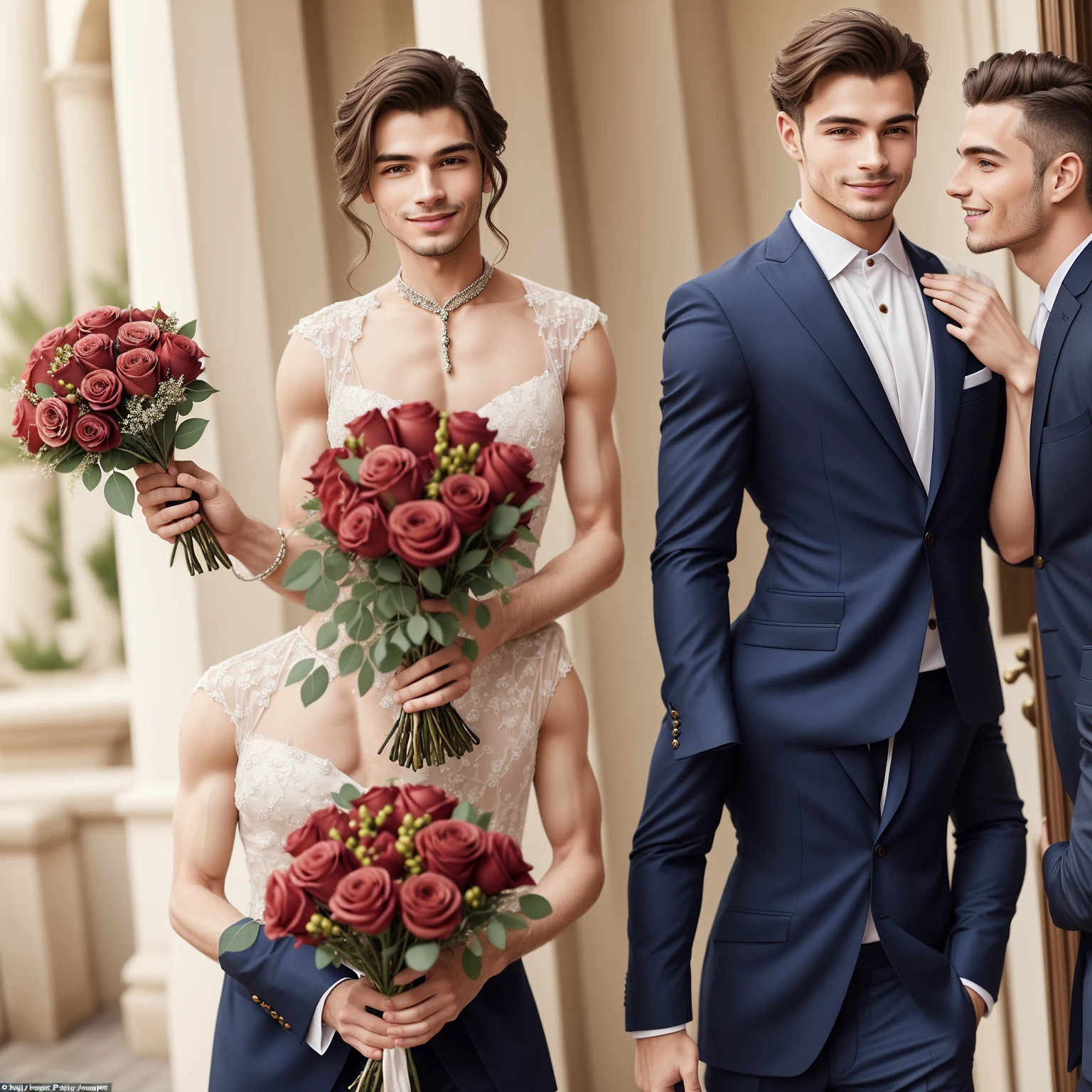 A suave and sophisticated man in love, standing at a distance, gaze filled with adoration and anticipation. He holds a stunning bouquet of roses, each bloom vibrant and fresh, with petals of crimson, blush pink, and soft white. His attire, impeccably tailored, exudes elegance as he prepares to present the flowers to his beloved.
The captivating woman, awaiting him with a radiant smile, is dressed in a chic ensemble, her delicate features accentuated by delicate makeup. Her luxurious brunette hair cascades down her shoulders, framing her captivating face.
The scene unfolds in an idyl