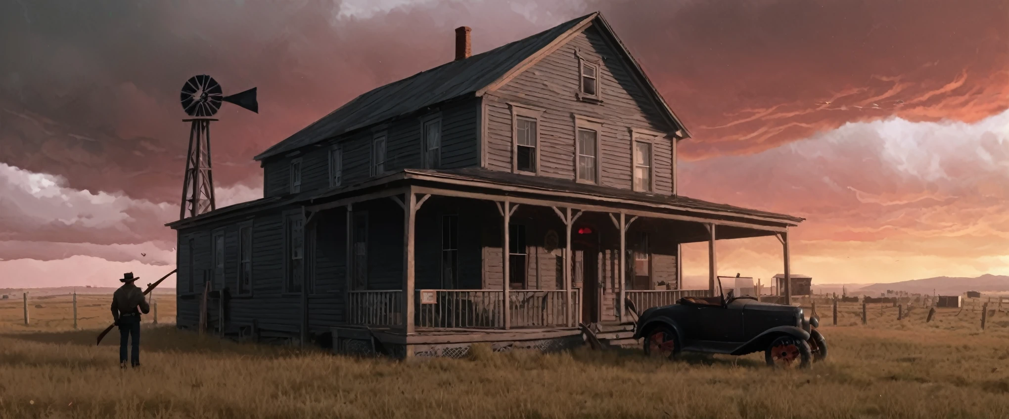 a photo of a man and woman standing next to an old 1930s' general store as illustrated in top cow comics, stormy red sky, in the old west, featured on dribbble, kino's journey (2003), mystery and detective themed, valve promotional splash art, the 'american gothic' painting, ( ( large black hat ) ), twisted rays, scythe design, anato finnstark and kelogsloops