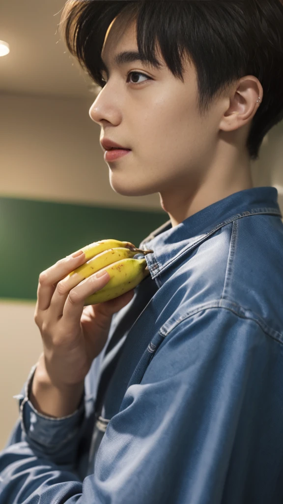 (RAW photo :1.2), (verisimilitude :1.4), (wall), Asian man, banana in hand, posing at screen with smile, very detailed eyes and face, huge file size, Super Detailed, High resolution, Very Detailed, best quality, Masterpiece, 8k, Amazing, fine detail, soft lighting, (in back)