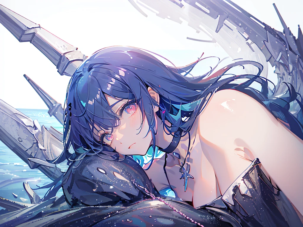 8k wallpaper，tmasterpiece，cinmatic lighting，top Quority，illustratio，Dramatic angles，（（a color：1.1）），（（Colored inner hair：1.4）），
1girll， solo， long blue hair， SakuraNS， Pink eyes， Cross necklace， parted lip， a white choker， liquid hair， Light blue hair， By bangs， By bangs， From the side Side， contours， The upper part of the body， blue hairs， simple backgound， blue back ground， exposed bare shoulders， sportrait， looking at viewert， white dresses， hairsbetweeneyes， colorfulhair， under ocean Background, ocean，jewely, majestic ocean creature, under water, under the ocean, wet hair, sea, seaweeds, kelp