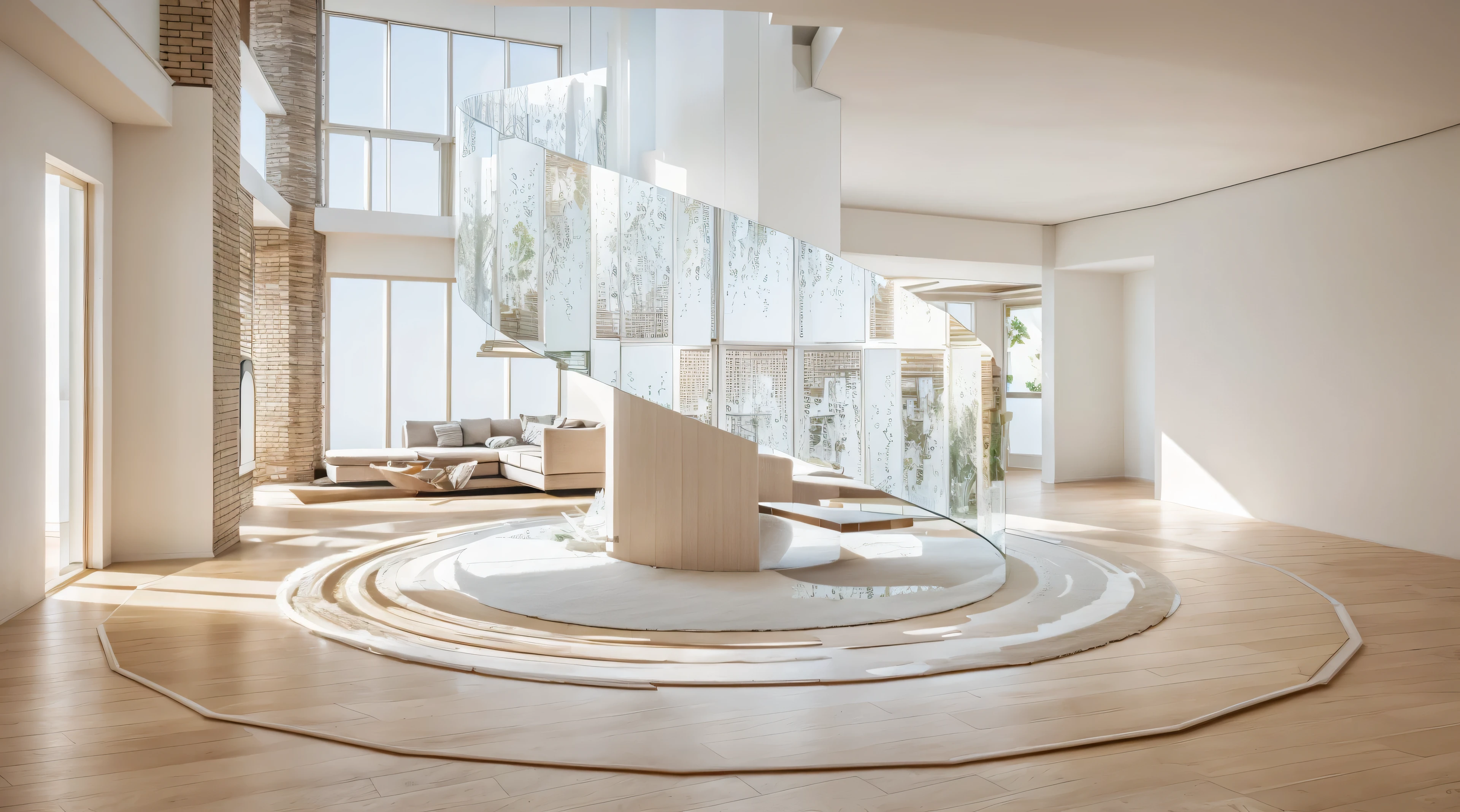 “ scandinavian living room
style, stair circle, curtains,
glass window, masterpice
paintings, terazzo floor,
daylight, soft light ”
