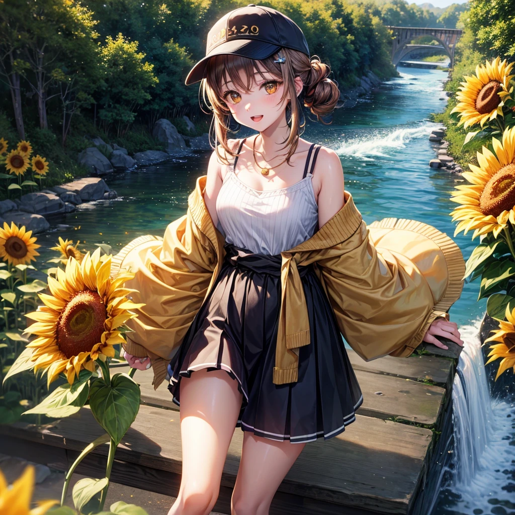 Red, brown, gold, gold hair、Golden Eyes、Hair tied up、One good looking girl、solo、anime、Checkered mini skirt、Ruffles on the skirt、camisole、Lightweight cardigan、Black knee-high socks、Wearing a baseball cap、Ribbon、Ribbon on waist、Teeth are visible、Silver coin necklace、shine、From above、Sparks are flying、tunnel、Cobblestones、waterfall、Clear Stream、Sunflower field、Have sunflowers、Midnight Moon、Winding Road
