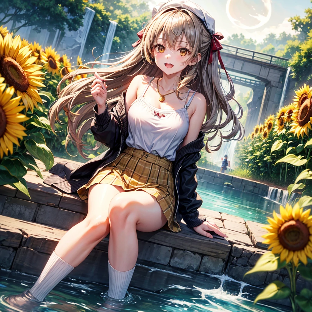 Red, brown, gold, gold hair、Golden Eyes、Hair tied up、One good looking girl、solo、anime、Checkered mini skirt、Ruffles on the skirt、camisole、Lightweight cardigan、Black knee-high socks、Wearing a baseball cap、Ribbon、Ribbon on waist、Teeth are visible、Silver coin necklace、shine、From above、Sparks are flying、tunnel、Cobblestones、waterfall、Clear Stream、Sunflower field、Have sunflowers、Midnight Moon、Winding Road