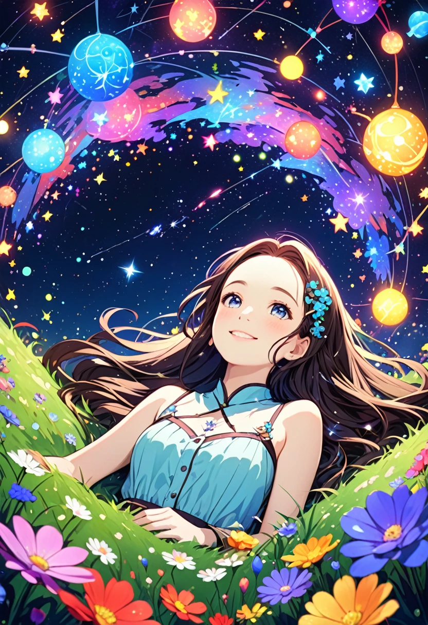 ((ultra detailed face)),forehead,Describe a scene in which a cute girl character is lying on a grassy hill, Look up at the starry sky. Surround her with colorful nebulae and her favorite constellations.(((big smiling)))