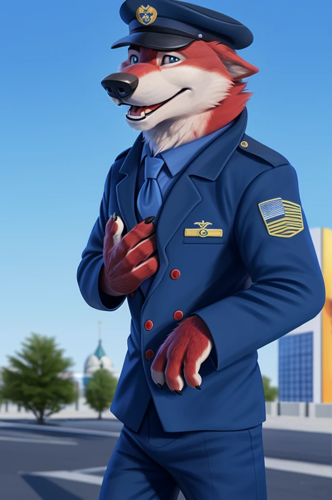 Ivan Wolfbach (Almaty, Kazakhstan),high,Beautiful,slim,24 years,wolf, red fur,high Beautiful wolf, 24 years,(red body:1.3),beautiful blue eyes,Almaty, Kazakhstan,Kazakhstan,dressed,Pilot's uniform,китель blazer командира воздушного судна,pilot uniform, stripe, cap, blazer, White shirt, tie, trousers,canine, wolf, detailed fur, male, antro, paw pads, finger claws, at viewer, 5 fingers, paws, 5 fingers,morning,digital photography, soft focus,good mood,photorealism, realistic, photorealistic,digital style,from close walks around the city, Very close to the camera, digital photography, smile positive, good,mood,flag of Russia, open mouth laughter, 
masterpiece, Best quality, ultra realistic, 8 k)