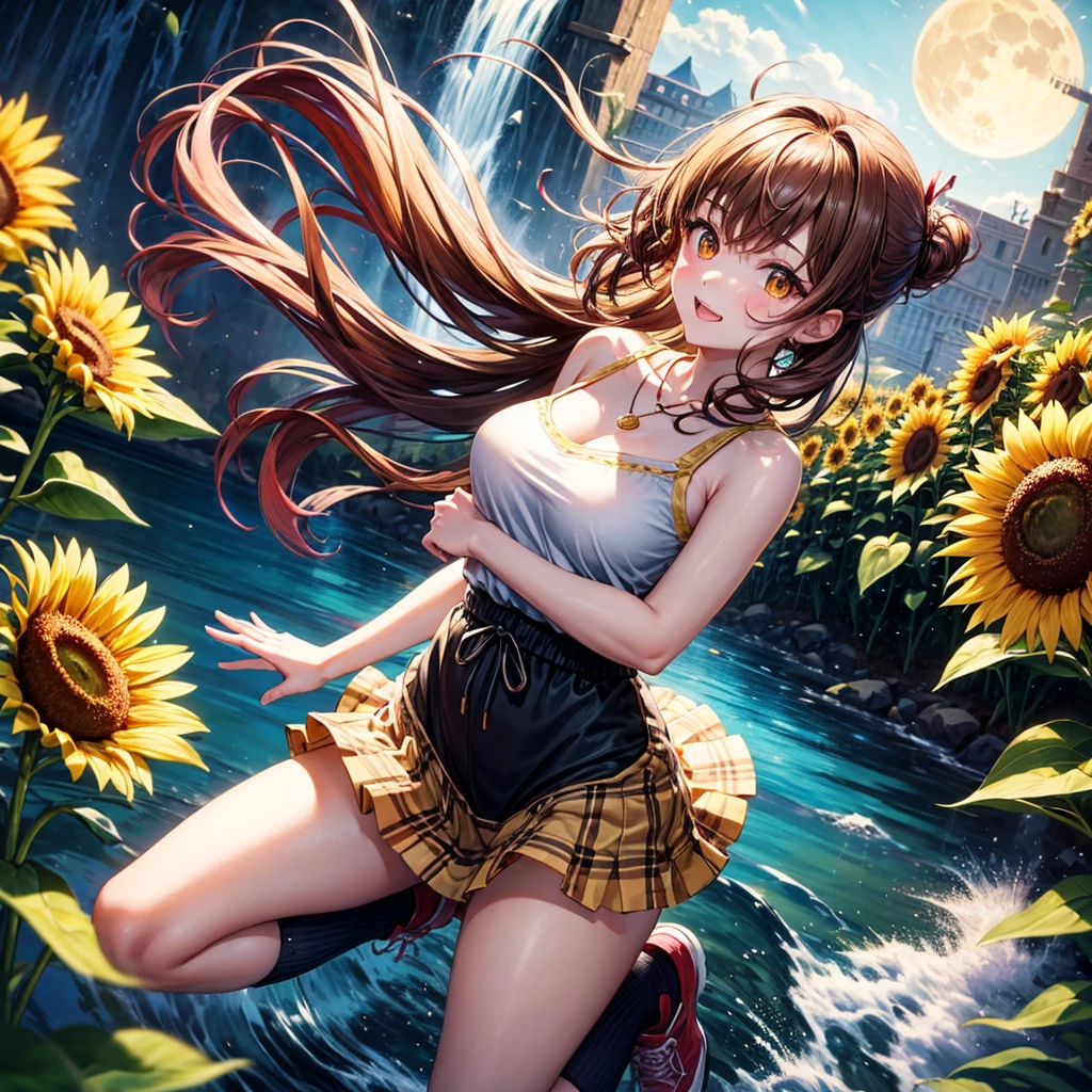 Red, brown, gold, gold hair、Golden Eyes、Hair tied up、One good looking girl、solo、anime、Checkered mini skirt、Ruffles on the skirt、camisole、Lightweight cardigan、Black knee-high socks、Wearing a baseball cap、Ribbon、Ribbon on waist、Teeth are visible、Silver coin necklace、shine、From above、Sparks are flying、tunnel、Cobblestones、waterfall、Clear Stream、Sunflower field、Have sunflowers、Midnight Moon、Winding Road