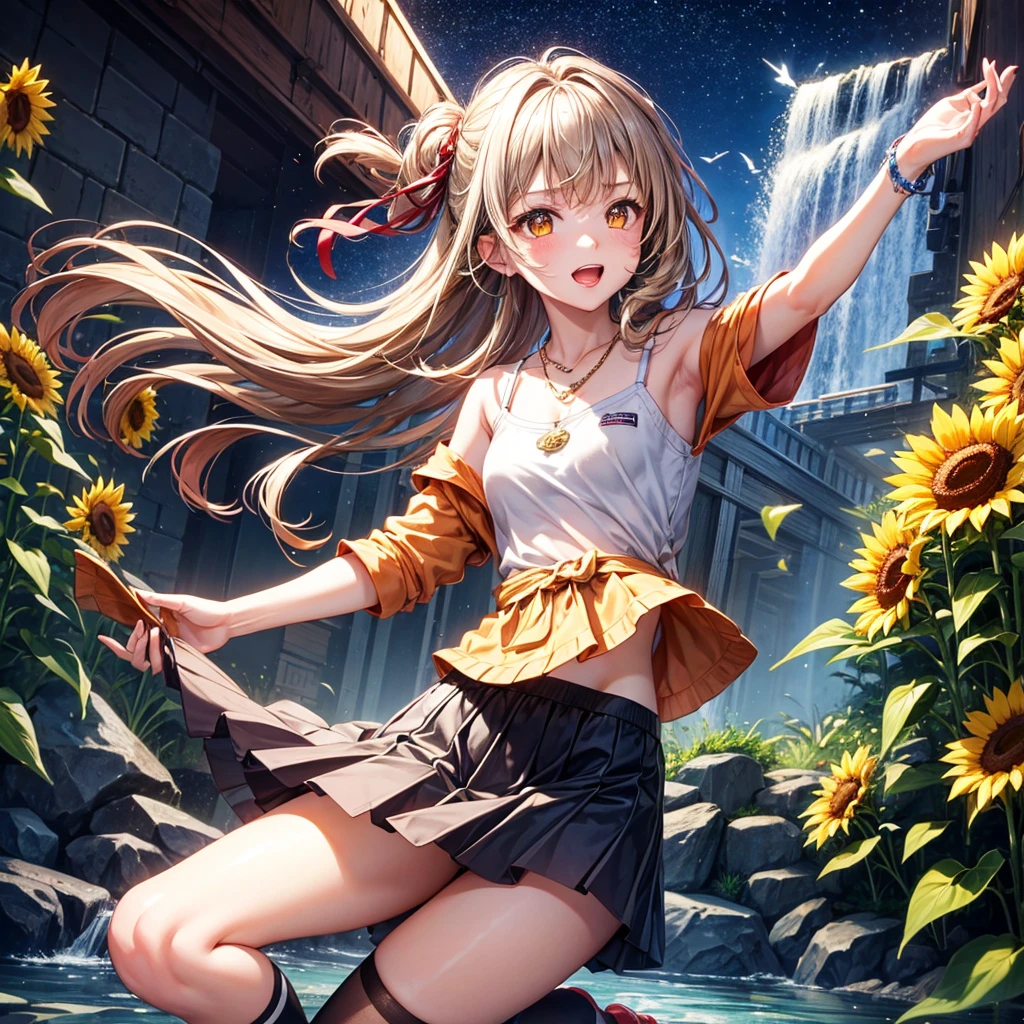 Red, brown, gold, gold hair、Golden Eyes、Hair tied up、One good looking girl、solo、anime、Checkered mini skirt、Ruffles on the skirt、camisole、Lightweight cardigan、Black knee-high socks、Wearing a baseball cap、Ribbon、Ribbon on waist、Teeth are visible、Silver coin necklace、shine、From above、Sparks are flying、tunnel、Cobblestones、waterfall、Clear Stream、Sunflower field、Have sunflowers、Midnight Moon、Winding Road