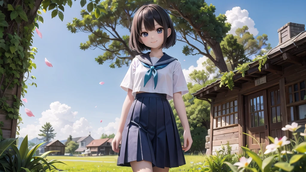 (masterpiece),  town,  blue sky,  One Girl,  smile,  alone,  Sailor suit、Long skirt,  Overgrown,  petal,  plant、Skirt lining、Translucent slip、Nostalgic