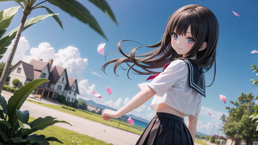 (masterpiece), town, blue sky, One Girl, smile, alone, Sailor suit、Long skirt, Overgrown, petal, plant、Skirt lining、Translucent slip、Nostalgic