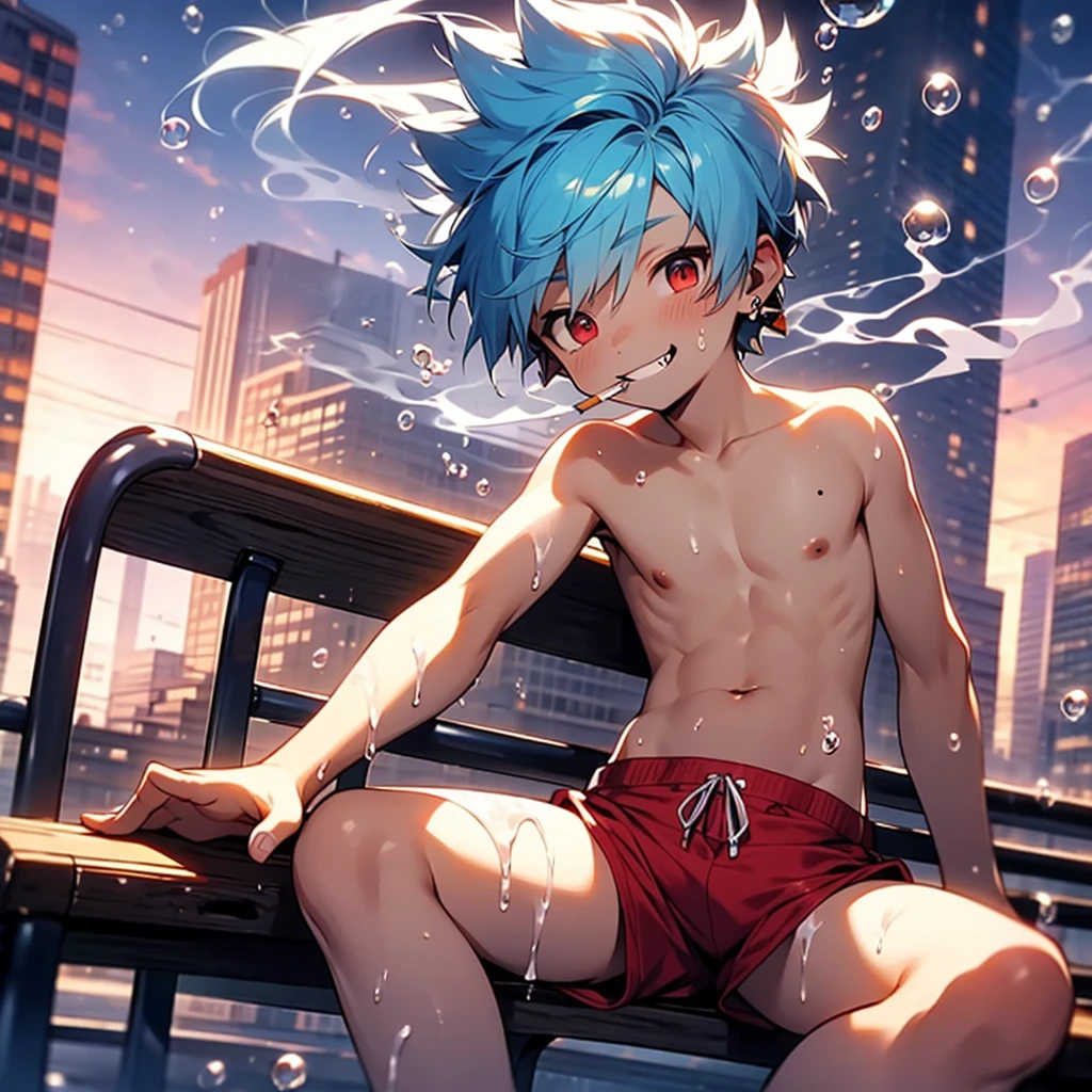 (solo:2), (boldline:-1.6), (illustration:1.5), (smoking:1.6), (((bubble))), (sitting on bench:1.5), (spread legs:1.5), (((fang))), (((best finger))), BREAK (best quality:1.5), (absolutely resolution:1.5), (ultra detailed:1.5), (masterpiece:1.5), (perfect face), (detailed face), (detailed eyes), (best eyes), ((cute face)), (shota:2.2), BREAK (topless:1.5), BREAK (red short pants:1.5), (see throgh wet clothes:1.3), (bulge:1.6), (skinny:1.3), BREAK (light blue hair:1.5), (spiked hair), BREAK (wine red eyes:1.4), (eyes with highlight:1.6), ((mole under eye)), (sweaty skin), (grin:1.3), ((earrings)), (shiny skin:1.3), BREAK (building:1.5), (at twilight:1.5), ((wind blowing)), ((nipple)), abs, groin, from below, wide angle,