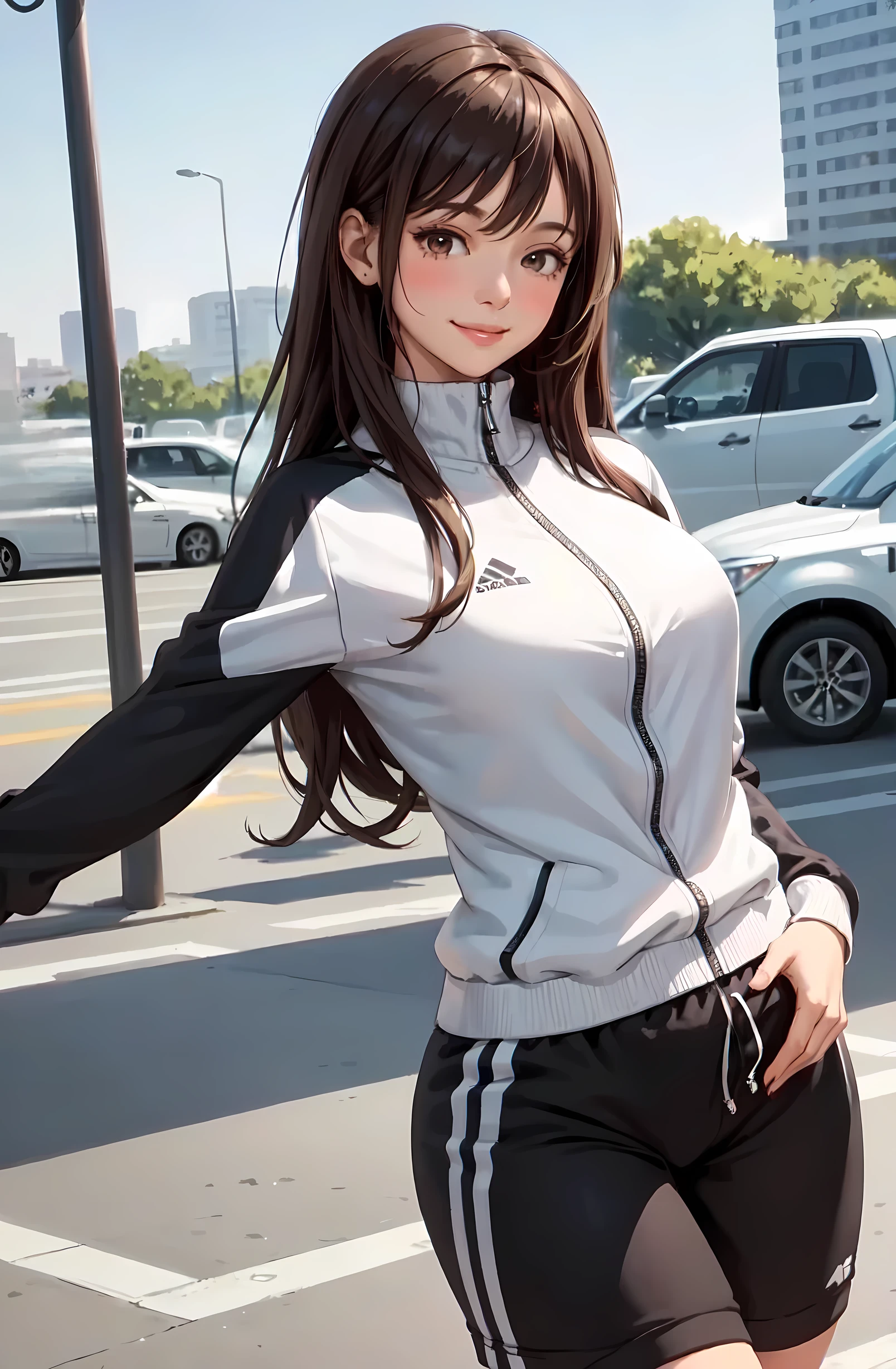 1lady solo, standing, (mature female:0.8), (stylish tracksuit long sleeve) (sports shorts), /(brown hair/) bangs, blush kind smile, (masterpiece best quality:1.2) delicate illustration ultra-detailed, large breasts, (hands in pocket) BREAK /(public park outdoors/), detailed background