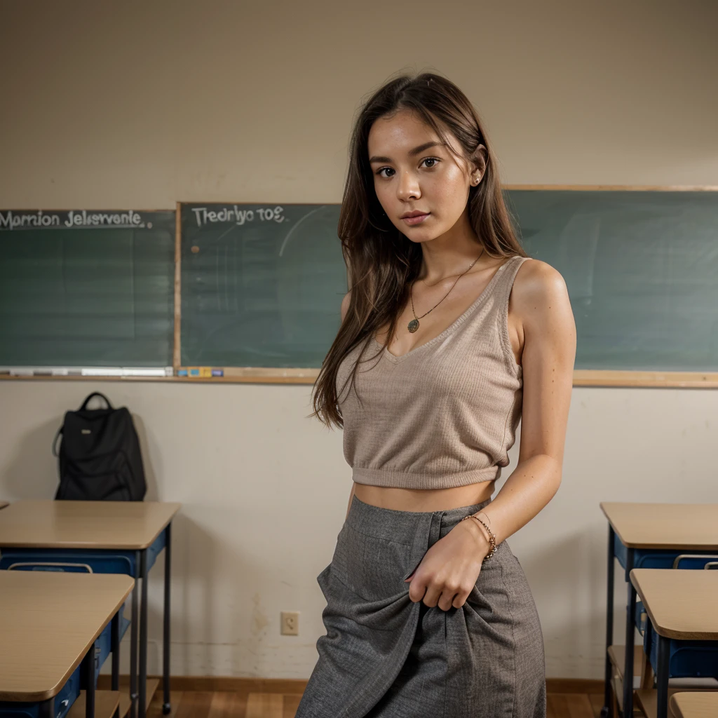 1girl in, 30 years old, Square face, Long hair, Looking at viewer, jewelry, Realistic, Sexy, teacher outfit, classroom background, free pose