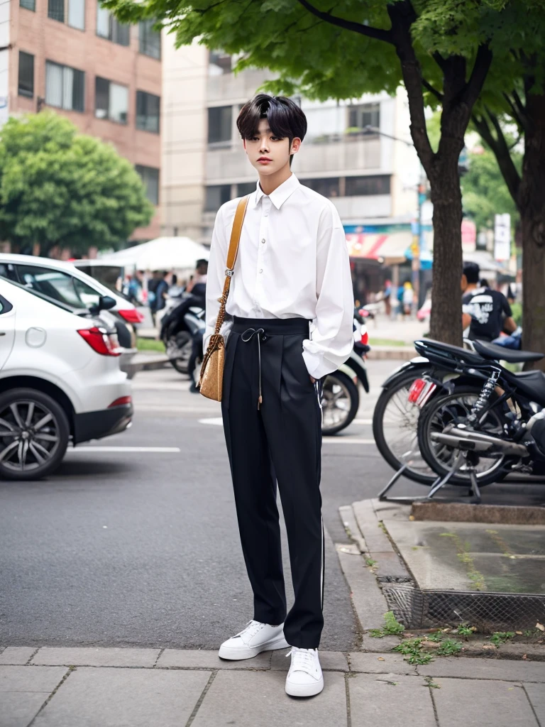 It's as cool as a male Korean idol.
The background is a street tree.
Street fashion.
Trends for 2024.