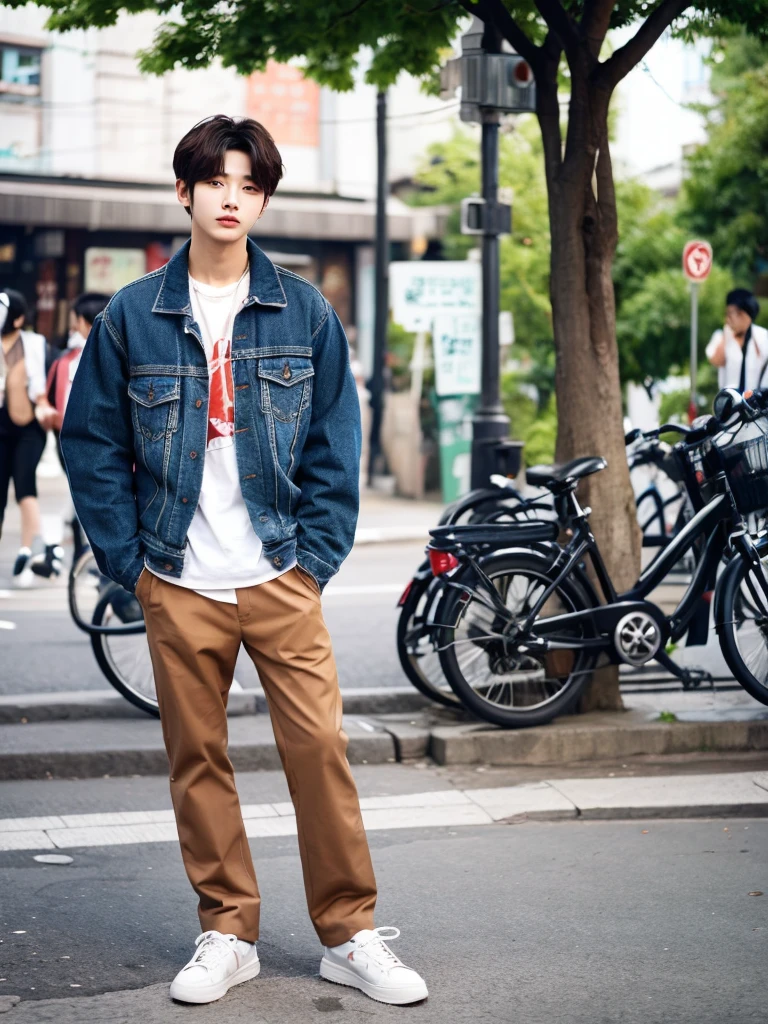 It's as cool as a male Korean idol.
The background is a street tree.
Street fashion.
Trends for 2024.