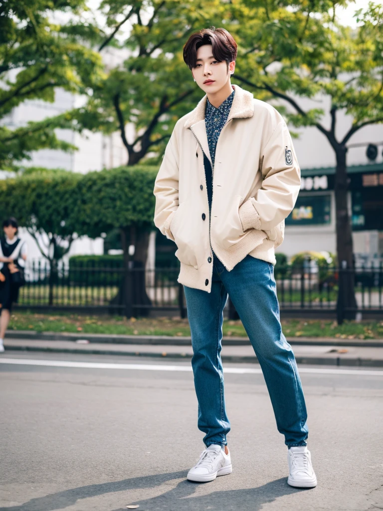 It's as cool as a male Korean idol.
The background is a street tree.
Street fashion.
Trends for 2024.