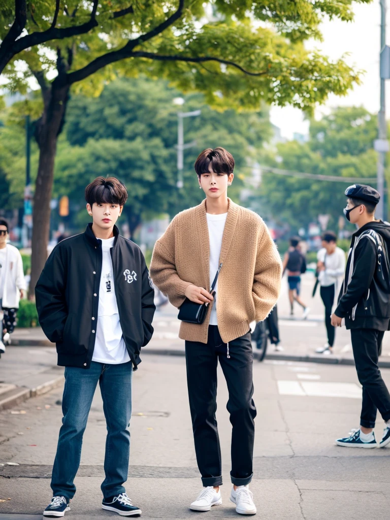 It's as cool as a male Korean idol.
The background is a street tree.
Street fashion.
Trends for 2024.