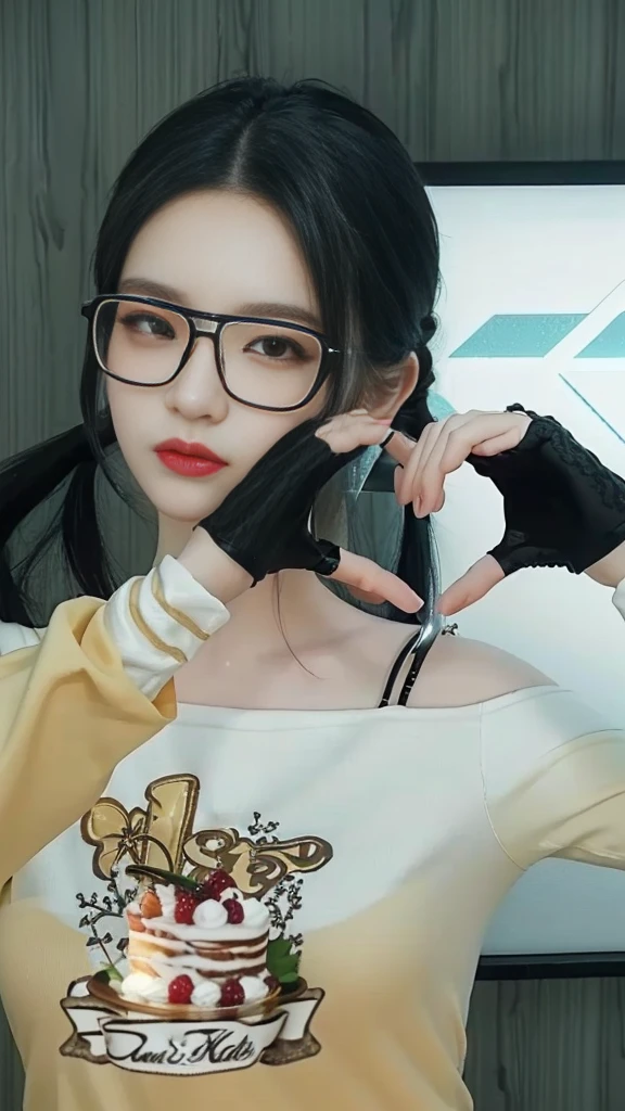 there is a woman with glasses holding a knife and a cake, heavy gesture style closeup, twintails white_gloves, kda, inspired by Sim Sa-jeong, realism artstyle, [ 4 k photorealism ]!!, 2 k aesthetic, [ 4 k photorealism ]!!!, y 2 k aesthetic, y2k aesthetic, [ 4 k photorealism ]