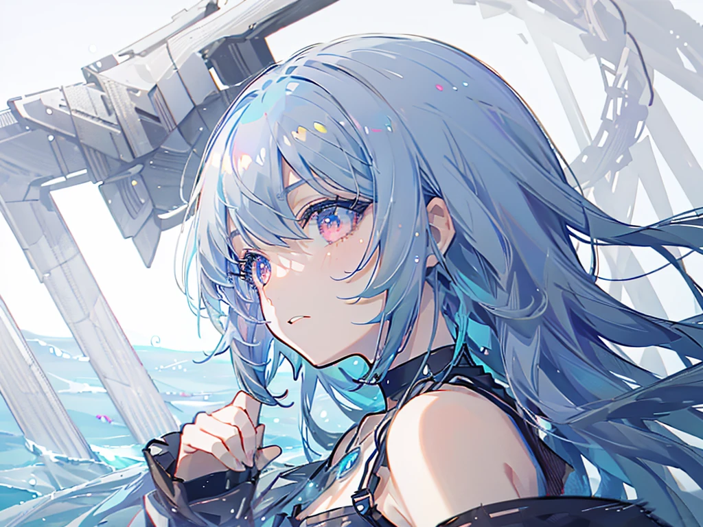 8k wallpaper，tmasterpiece，cinmatic lighting，top Quority，illustratio，Dramatic angles，（（a color：1.1）），（（Colored inner hair：1.4）），
1girll， solo， long blue hair， SakuraNS， Pink eyes， Cross necklace， parted lip， a white choker， liquid hair， Light blue hair， By bangs， By bangs， From the side Side， contours， The upper part of the body， blue hairs， simple backgound， blue back ground， exposed bare shoulders， sportrait， looking at viewert， white dresses， hairsbetweeneyes， colorfulhair， under ocean Background, ocean，jewely, majestic ocean creature, under water, under the ocean, wet hair, sea, seaweeds, kelp