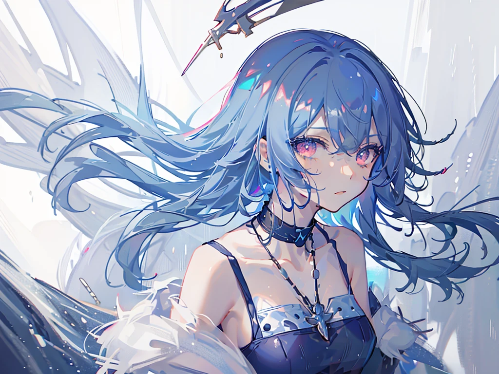 8k wallpaper,tmasterpiece,cinmatic lighting,top Quority,illustratio,Dramatic angles,((a color:1.1)),((Colored inner hair:1.4)),
1girll, solo, long blue hair, SakuraNS, Pink eyes, Cross necklace, parted lip, a white choker, liquid hair, Light blue hair, By bangs, By bangs, From the side Side, contours, The upper part of the body, blue hairs, simple backgound, blue back ground, exposed bare shoulders, sportrait, looking at viewert, white dresses, hairsbetweeneyes, colorfulhair, under ocean Background, ocean,jewely, majestic ocean creature, under water, under the ocean, wet hair, sea, seaweeds, kelp