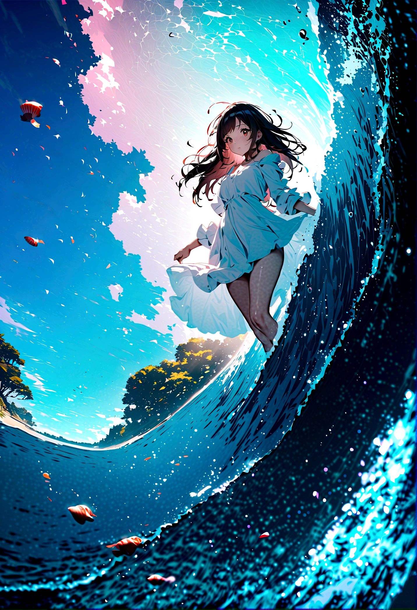 quality\(8K,非常に精細なCGユニットのwallpaper, masterpiece,High resolution,top-quality,top-quality real texture skin,Surreal,Increase the resolution,RAW Photos,最高quality,Very detailed,wallpaper,Cinema Lighting,Ray-tracing,Golden Ratio\), One man\(young,strong,clean,healthy\) Fun walk on the beach\(very detailed and 美しい crystal clear sea and waves, \),Prime time