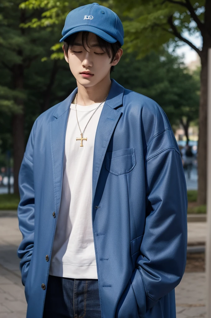 Kyopyo, a handsome Korean man in his mid-20s, Blue jacket,white tee cross necklace, blue hat covers the eyes, blue mask, standing in the park in the morning sunlight