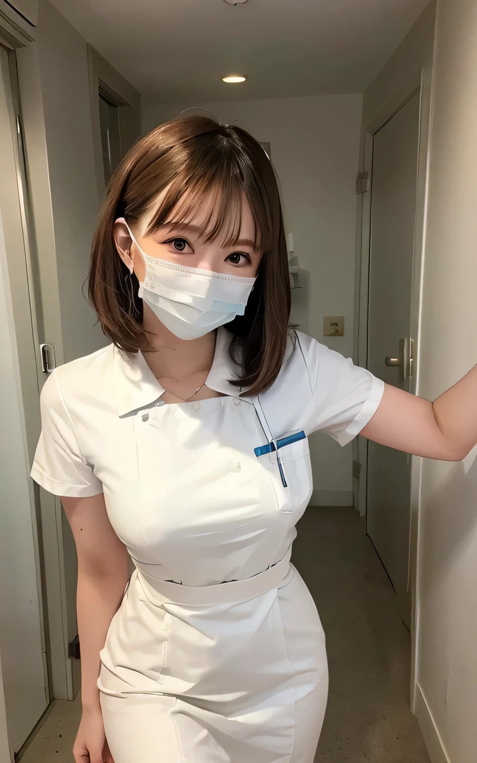 1 Girl,(Wearing white nurse clothes:1.2),(RAW Photos, Highest quality), (Realistic, photo-Realistic:1.4), masterpiece, Very delicate and beautiful, Very detailed, 2k wallpaper, wonderful, finely, Very detailed CG unity 8k wallpaper, Very detailedな, High resolution, Soft Light, Beautiful detailed girl, Very detailed eyes and face, Beautiful and detailed nose, finely beautiful eyes, nurse, Perfect Anatomy, Black Hair, Upstyle, nurse uniform, ((mask)), Long skirt, nurse, White costume, thin, hospital, clear, White Uniform, hospital room, Neck auscultation,Bobcut