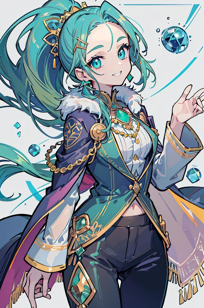 1girl, solo, looking at viewer, cowboy shot, standing, right smile, long hair, ponytail, long sideburns, (forehead jewel), hair ornament, (white background), jewelry, (cyan eyes), jewelry earrings, ((emerald hair)), particles, jewelry ornament, pants, long-sleeves, cape, fur trim, (masterpiece), (best quality), (ultra-detailed), (illustration:1.2), (perfect hands:1.4, two legs), perfectly structured, natural proportions, extremely detailed beautiful anime face,