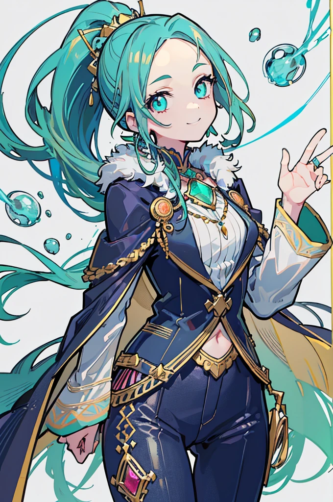 1girl, solo, looking at viewer, cowboy shot, standing, right smile, long hair, ponytail, long sideburns, (forehead jewel), hair ornament, (white background), jewelry, (cyan eyes), jewelry earrings, ((emerald hair)), particles, jewelry ornament, pants, long-sleeves, cape, fur trim, (masterpiece), (best quality), (ultra-detailed), (illustration:1.2), (perfect hands:1.4, two legs), perfectly structured, natural proportions, extremely detailed beautiful anime face,