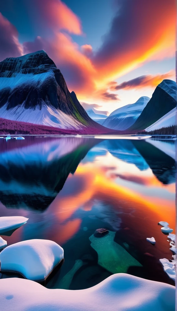 a beautiful detailed sunrise scene in the Arctic Circle, breathtaking first rays of sunlight breaking the night sky after 6 months of darkness, dramatic landscape with snowy mountains, icy lake, northern lights, photorealistic, cinematic lighting, vivid colors, 8k, masterpiece