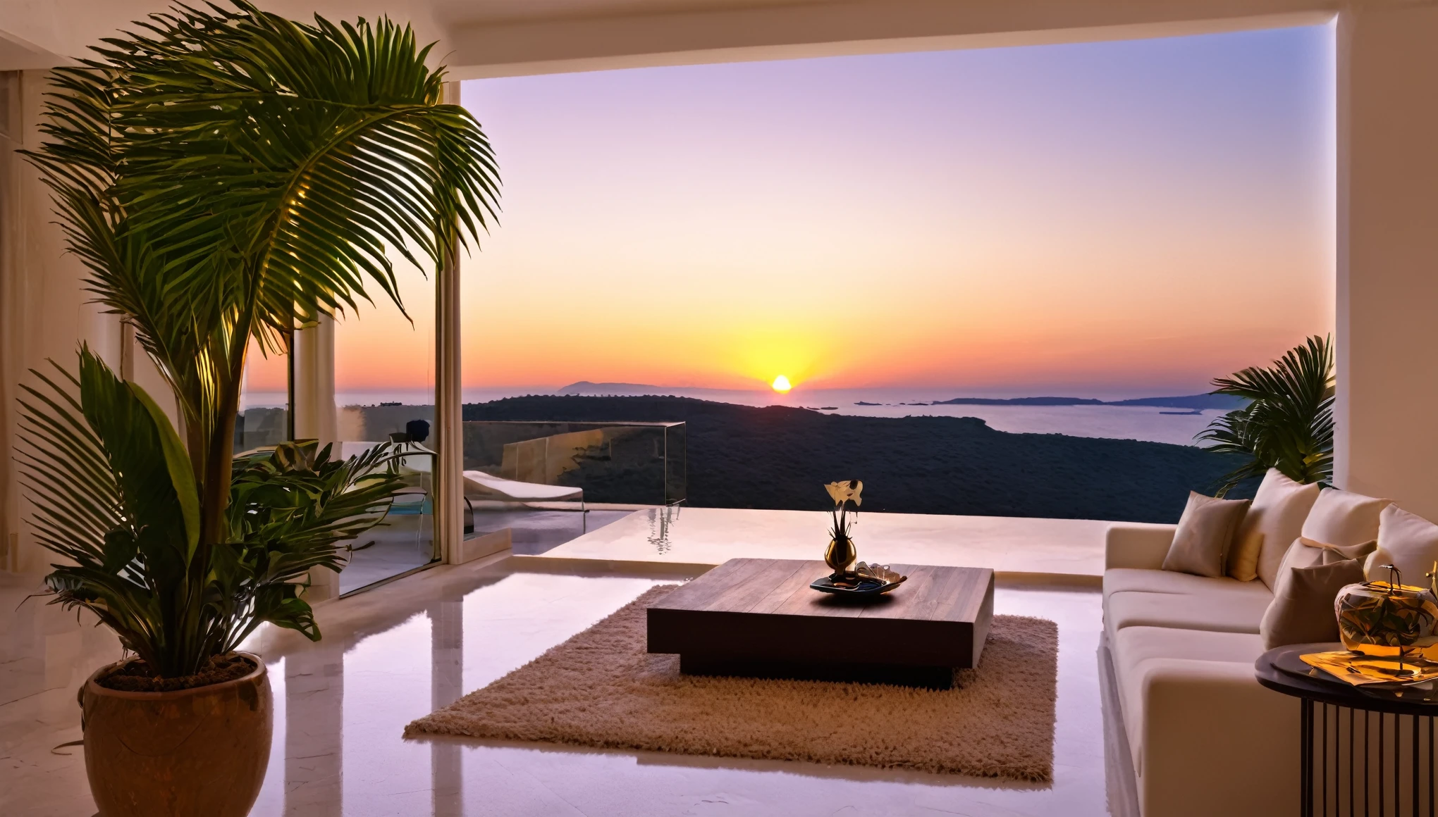 ((Beautiful clouds over the hill overlooking the Parthenon in Greece))、Designer lighting in front、There is a sofa and a coffee cup on the table、There is a waterfall nearby、Sunset and sea in the distance,(High-quality poolside flooring),There is a wall-mounted TV、Screen 70%The sea,4K,Ultra HD,Extravagant space,Ambient indirect lighting,Palm tree,rich,rich,VIP,VIP、There is a Monstera potted plant in the foreground.、((Woman watching the sunset))
