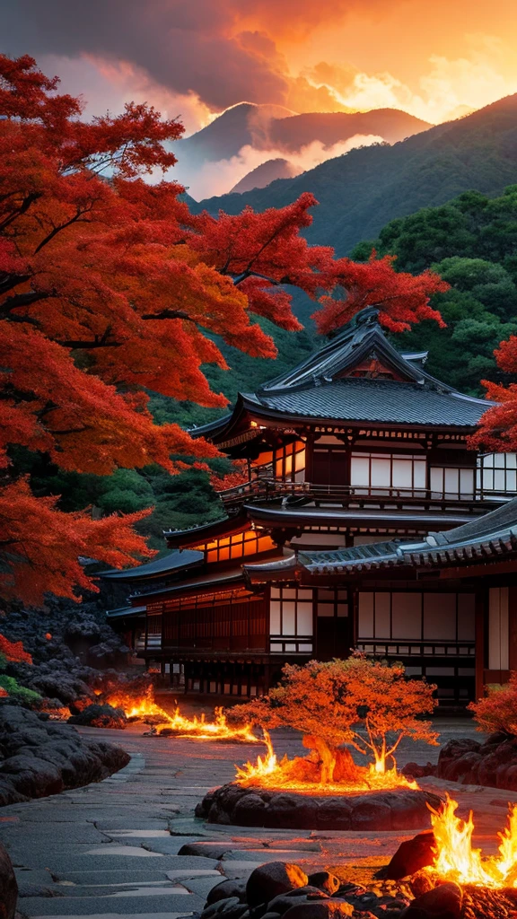 Famous Kyoto site engulfed in lava、Otherworldly fantasy landscape、Realistic photo effect、Add more effects、1 photo