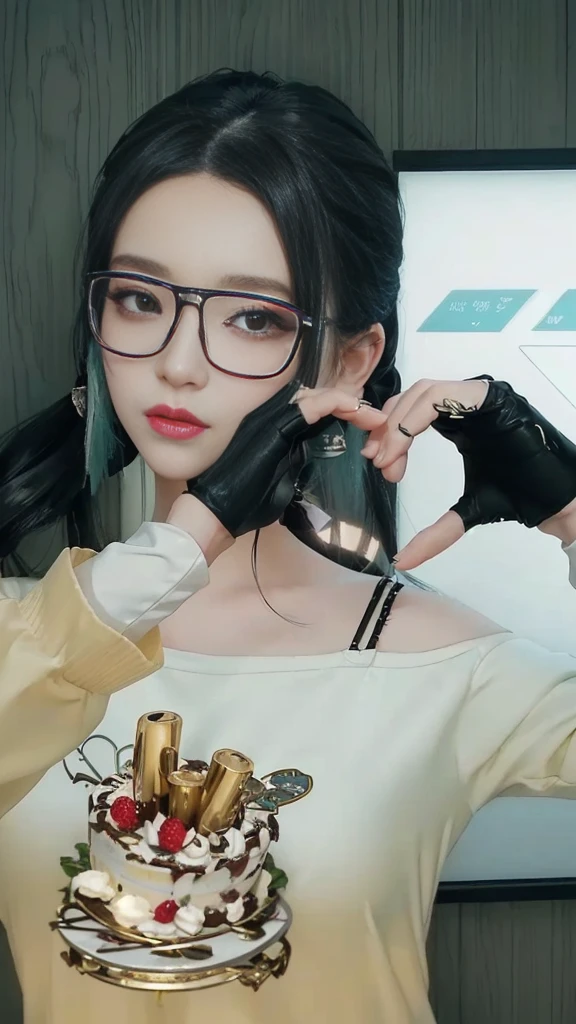 there is a woman with glasses holding a knife and a cake, heavy gesture style closeup, twintails white_gloves, kda, inspired by Sim Sa-jeong, realism artstyle, [ 4 k photorealism ]!!, 2 k aesthetic, [ 4 k photorealism ]!!!, y 2 k aesthetic, y2k aesthetic, [ 4 k photorealism ]