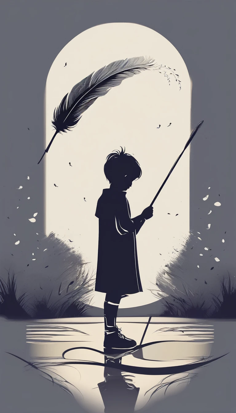 A minimalist, fantastic, poetic, dreamy, captivating, memorable, masterpiece, modern, simple logo design of a boy and a feather for the brand “Penamemoria". The logo must convey a sense of music, stories and dreams. Minimalistic logo design of a boy and a feather.