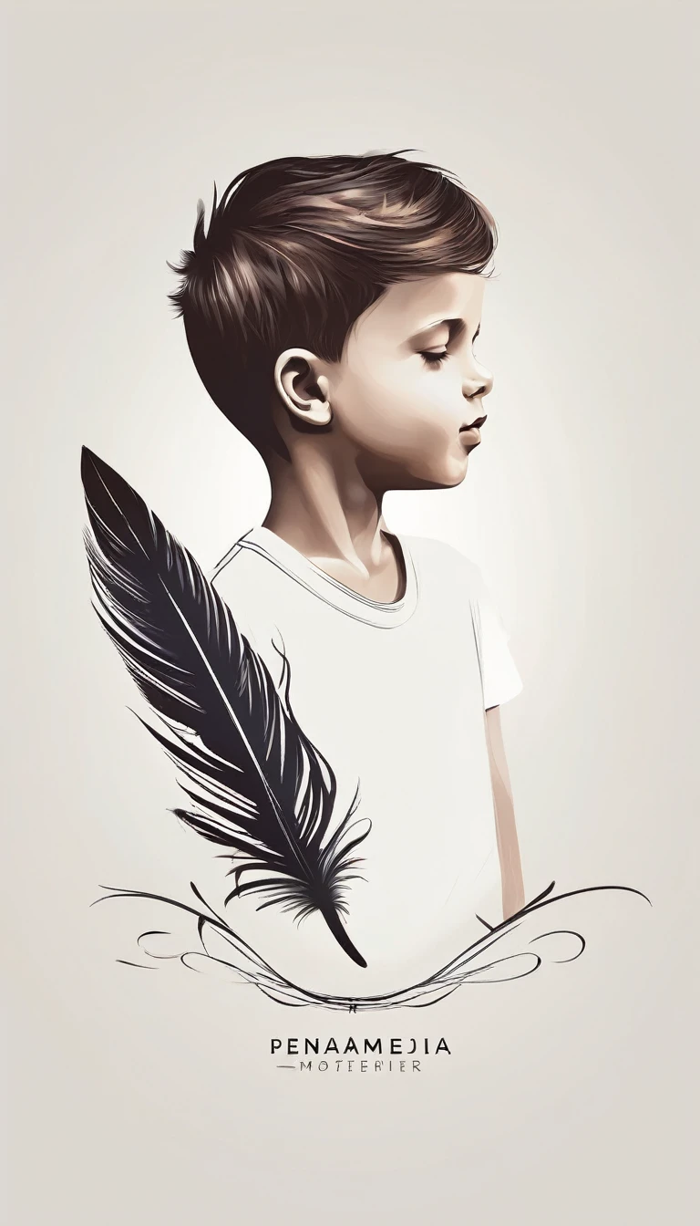 A minimalist, fantastic, poetic, dreamy, captivating, memorable, masterpiece, modern, simple logo design of a boy and a feather for the brand “Penamemoria". The logo must convey a sense of music, stories and dreams. Minimalistic logo design of a boy and a feather.