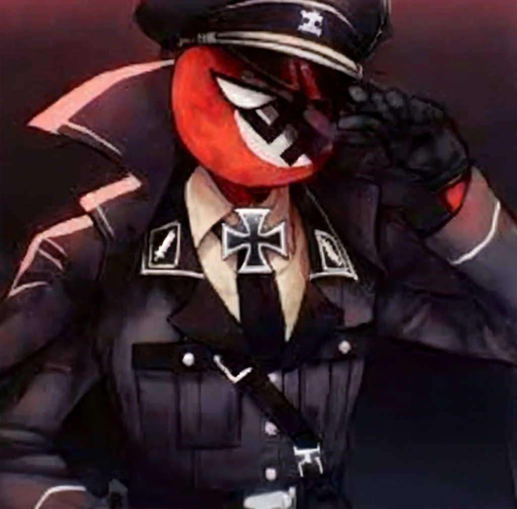 1boy, colored skin, military cap, iron cross, hat, black uniform, male focus, red skin, solo, iron cross (symbol), SS uniform, third Reich