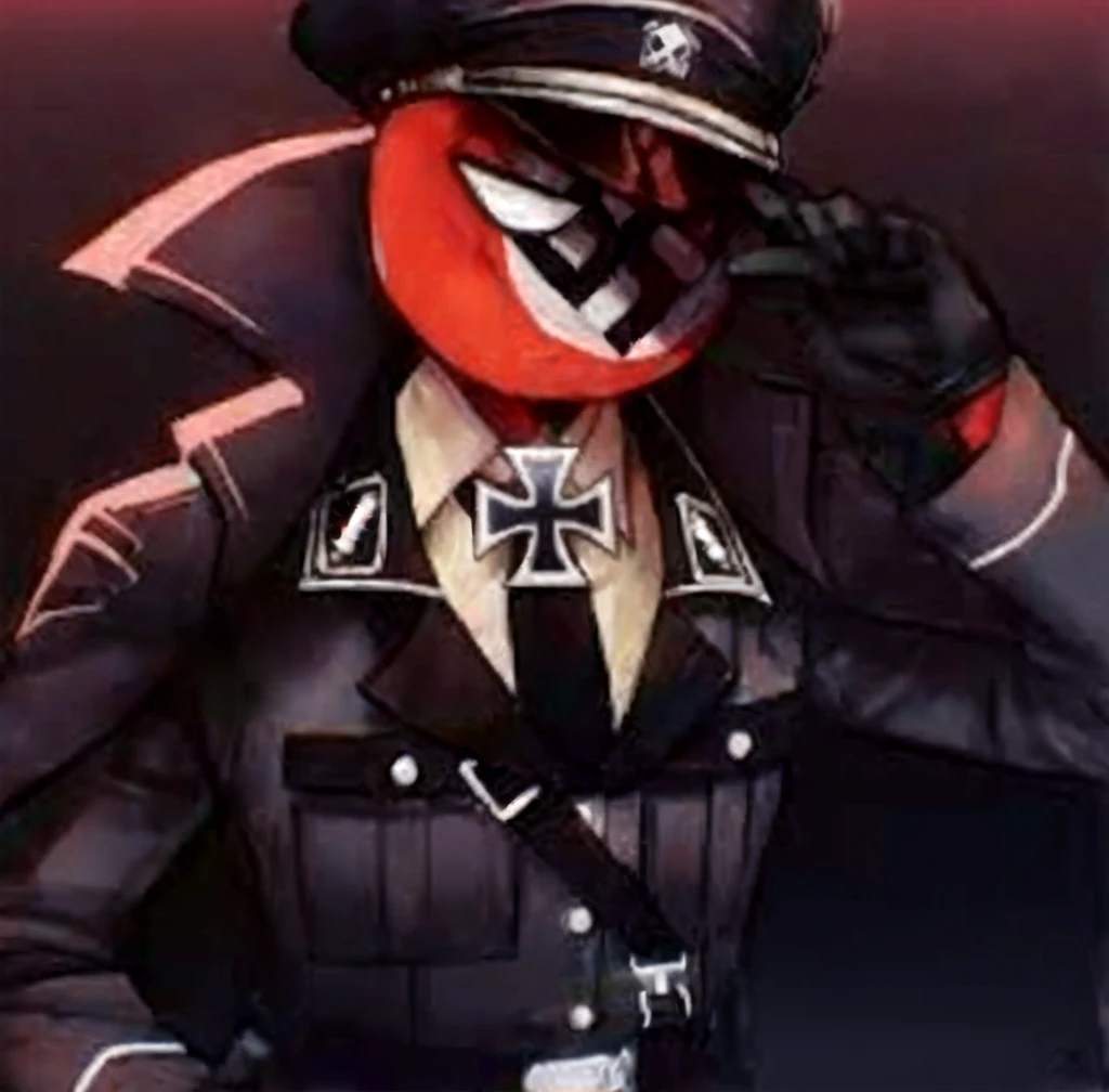 1boy, colored skin, military cap, iron cross, hat, black uniform, male focus, red skin, solo, iron cross (symbol), SS uniform, third Reich