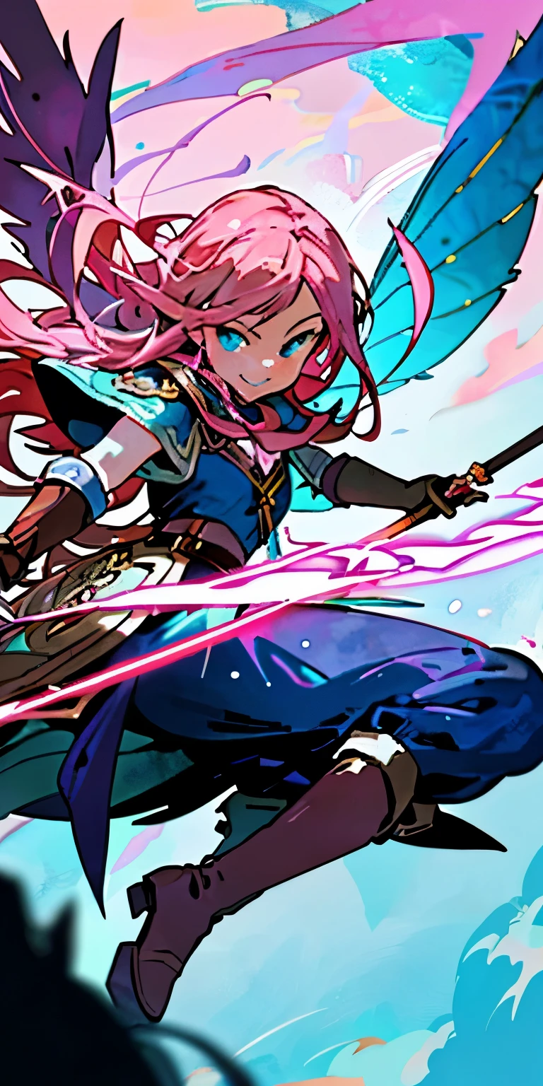 Very detailed illustration of a valkyrie, elf woman, long dark-pink hair, smirk, blue eyes, fairy wings, holding rapier, knee-length brown llleather boots, blushed, zoomed, detailed colorful port environment, whimsical, tetradic colors, cartoon, darkest dungeon merged with league of legends, MSchiffer, fairytale, fantasy, cartoonish vector, anime, manga, vibrant, soft pastel colors, (cel-shaded) flat coloring