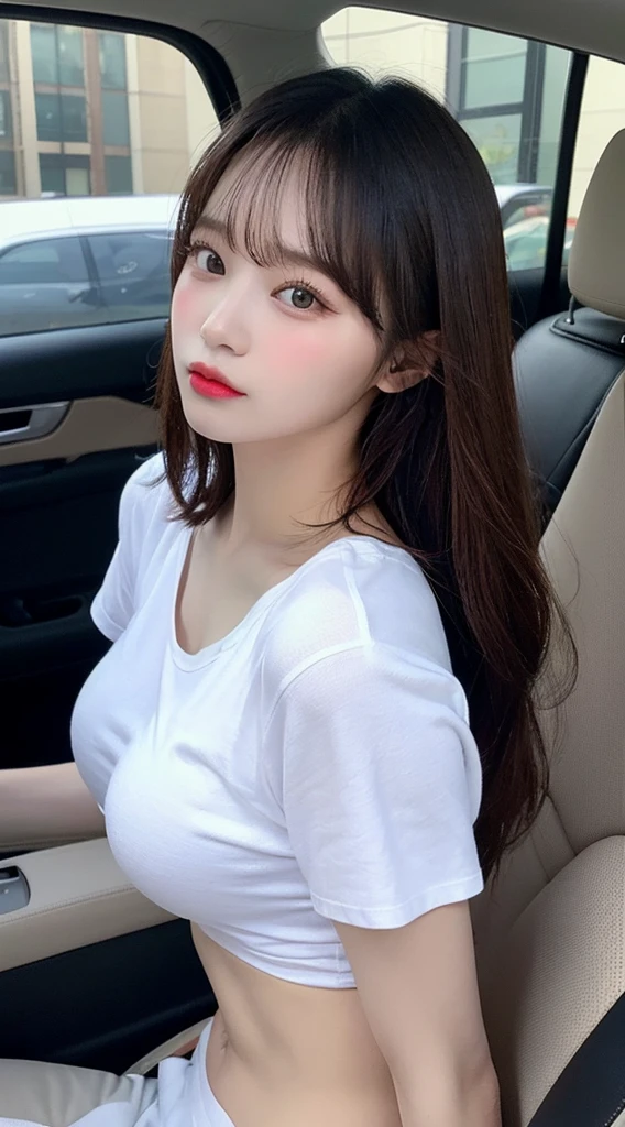 ,Highest quality, figure, Super detailed, In detail, High resolution, 8k wallpaper, Thick lips、Perfect dynamic composition, Glossy with oil々Skin、Korean、 long hair、Hair removal、Full nudity、Wearing a T-shirt、Upper Body、Narrow waist、Big Breasts、 Natural color lip, Bold sexy pose,Inside the car、cute、Selfie、NSFW、Incême、Up Angle、Selfie、front