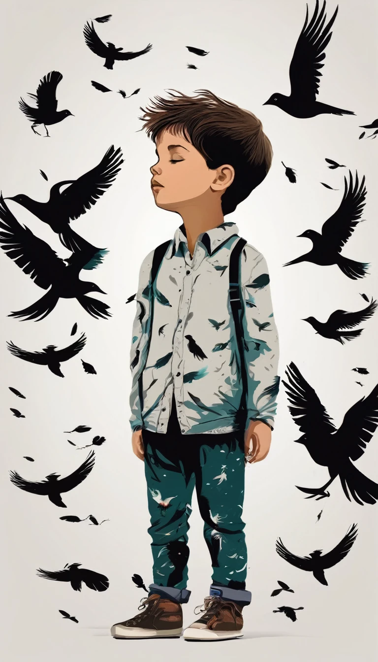 Create a simple, modern logo design of a boy lost in a head full of feathers and birds.
