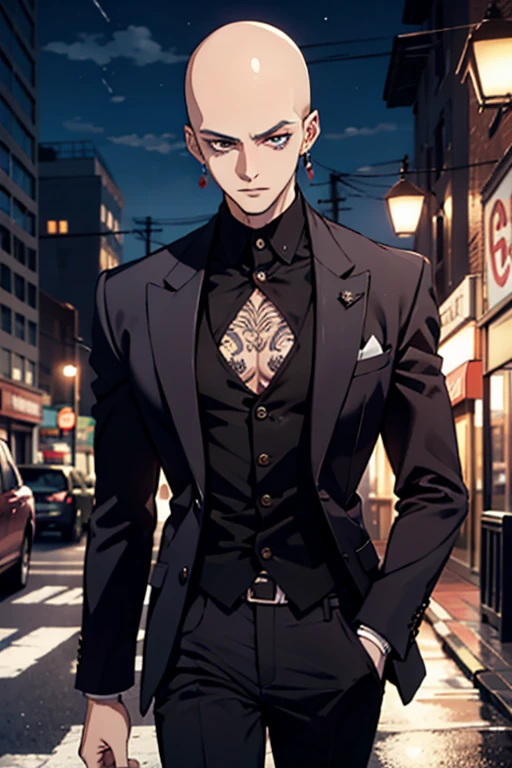 2d anime style,Baldhead,male,Red pupil,earrings,Showing chest muscles,Tattoo,suit,trousers,walk,night