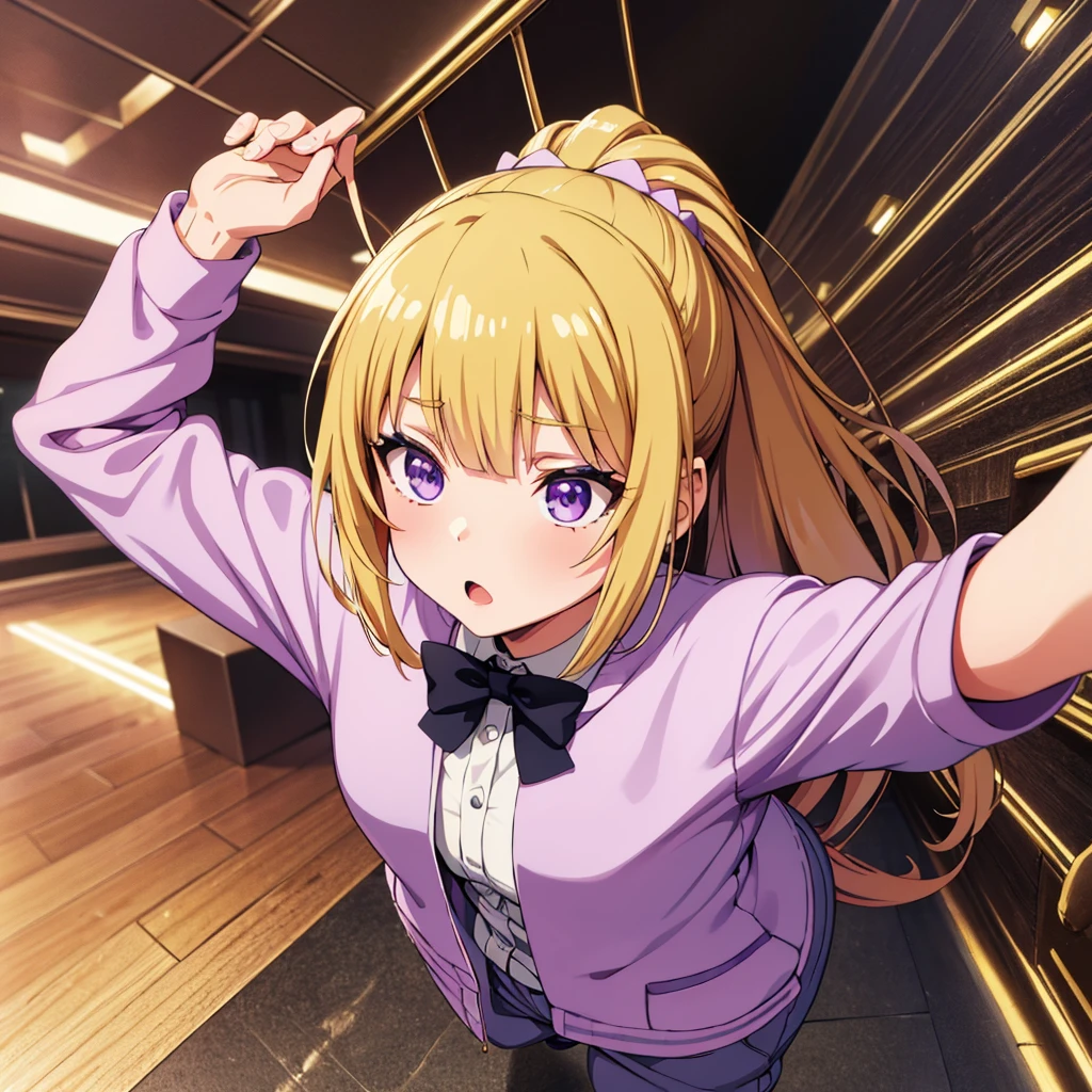 best quality, incredibly absurdres, extremely detailed, 2.5D, kei karuizawa, blonde hair, ponytail, violet eyes, delicate and dynamic, chibi, cute girl, wearing baggy clothes, baggy pants, sparkly and vivid color effects, background another dimension