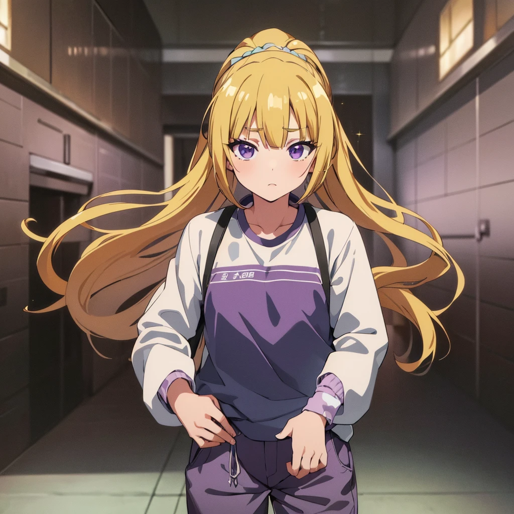best quality, incredibly absurdres, extremely detailed, 2.5D, kei karuizawa, blonde hair, ponytail, violet eyes, delicate and dynamic, chibi, cute girl, wearing baggy clothes, baggy pants, sparkly and vivid color effects, background another dimension