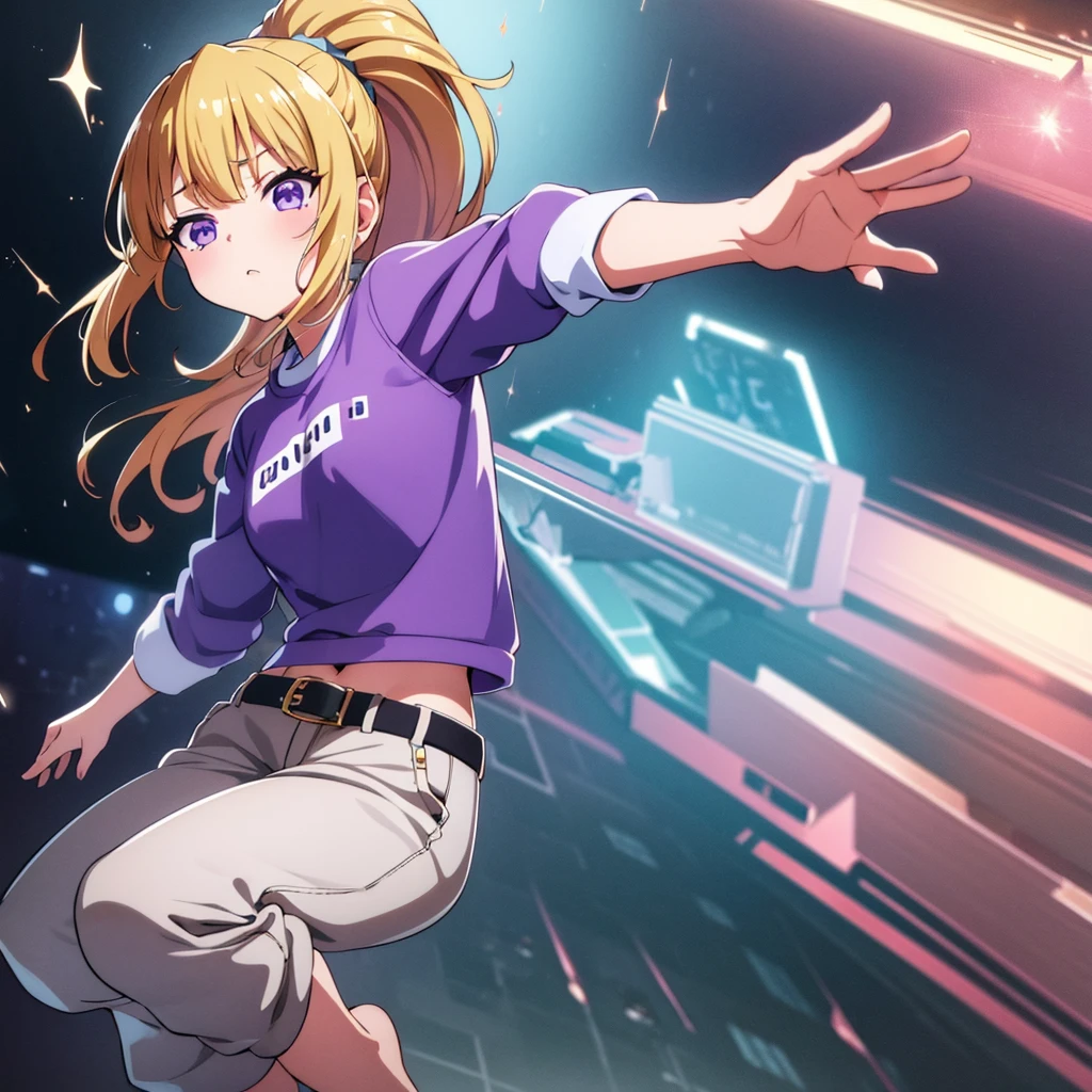 best quality, incredibly absurdres, extremely detailed, 2.5D, kei karuizawa, blonde hair, ponytail, violet eyes, delicate and dynamic, chibi, cute girl, wearing baggy clothes, baggy pants, sparkly and vivid color effects, background another dimension