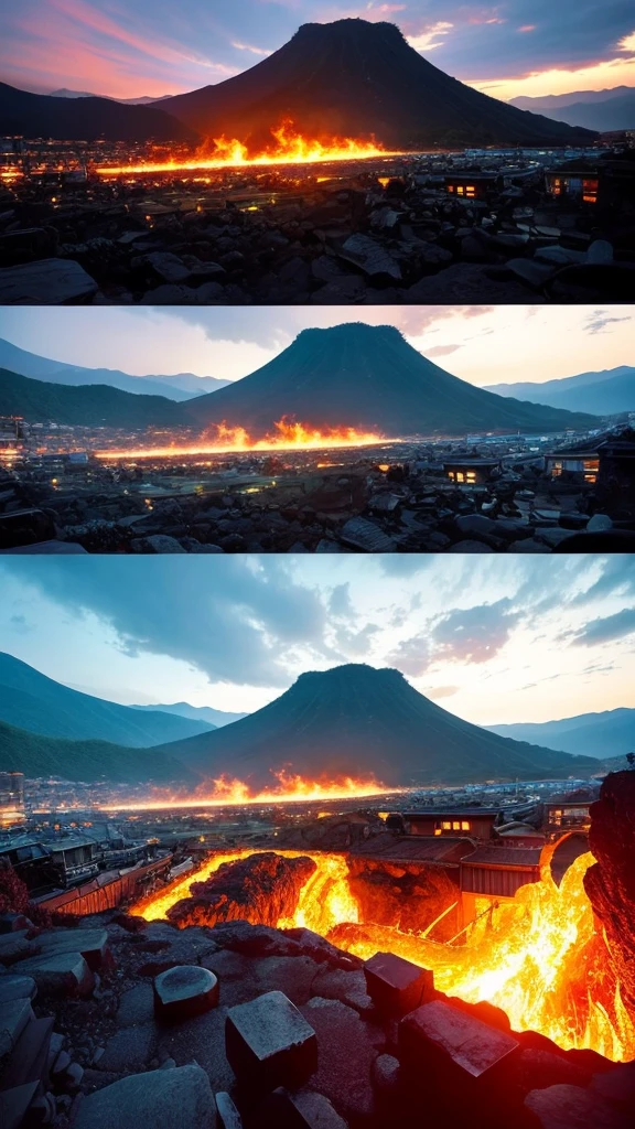 Famous Kyoto site engulfed in lava、Otherworldly fantasy landscape、Realistic photo effect、Add more effects、1 photo、big disaster