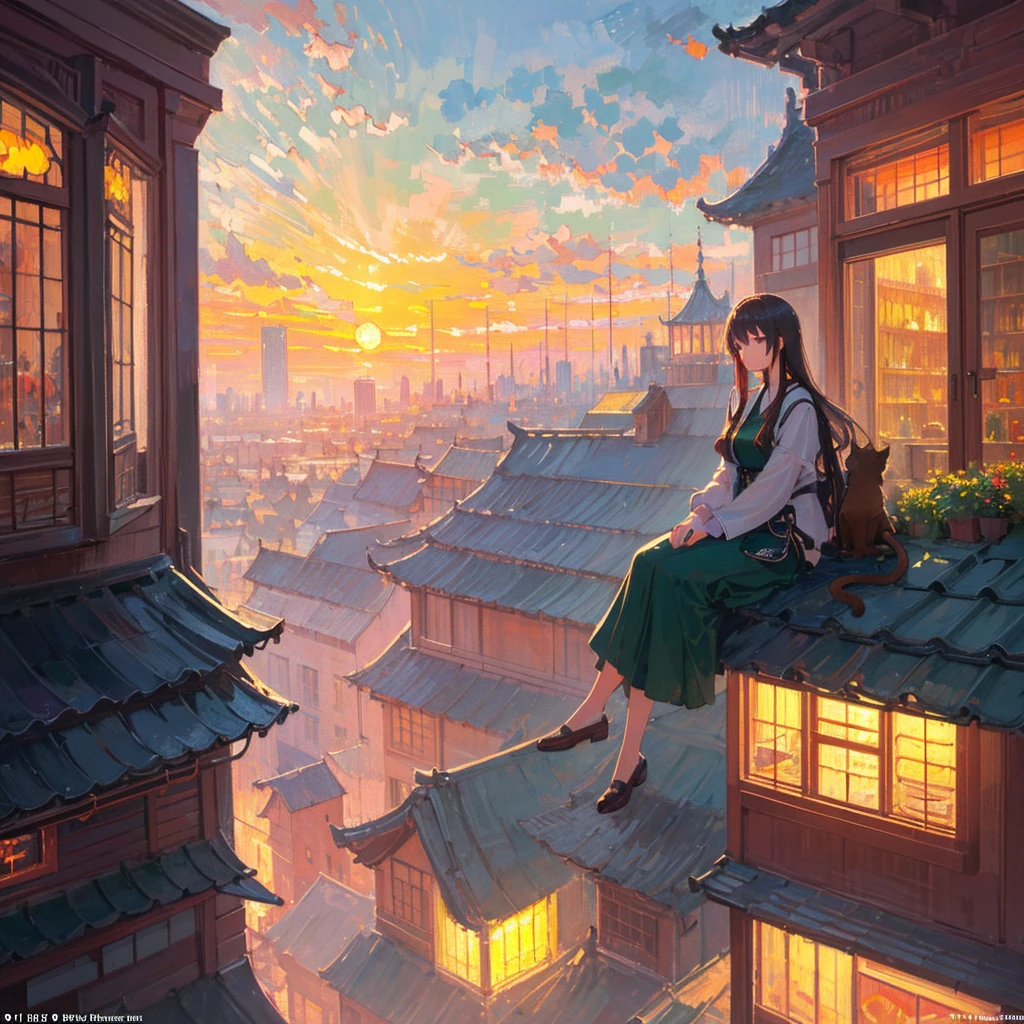 (masterpiece:1.2, Highest quality)girl, rooftop, City view, ブラジルのgirl, Cat, Illustration Style, Cool colors, Relaxed atmosphere, Carefree atmosphere, rooftop silhouette, Warm Sunset, City lights, Detailed illustration quality, Vibrant colors, (Impressionism:1.4), (Tarot:1.3), Dramatic Background, Cat sitting on the rooftop, Girl with long flowing hair, Photographing the cityscape, Blending into the urban landscape, A relaxed gaze, Calm and peaceful, 居心地の良いrooftopの雰囲気, A charming and dreamy atmosphere