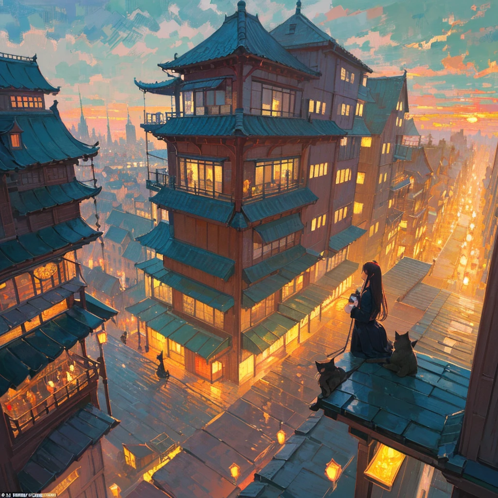 (masterpiece:1.2, Highest quality)girl, rooftop, City view, ブラジルのgirl, Cat, Illustration Style, Cool colors, Relaxed atmosphere, Carefree atmosphere, rooftop silhouette, Warm Sunset, City lights, Detailed illustration quality, Vibrant colors, (Impressionism:1.4), (Tarot:1.3), Dramatic Background, Cat sitting on the rooftop, Girl with long flowing hair, Photographing the cityscape, Blending into the urban landscape, A relaxed gaze, Calm and peaceful, 居心地の良いrooftopの雰囲気, A charming and dreamy atmosphere