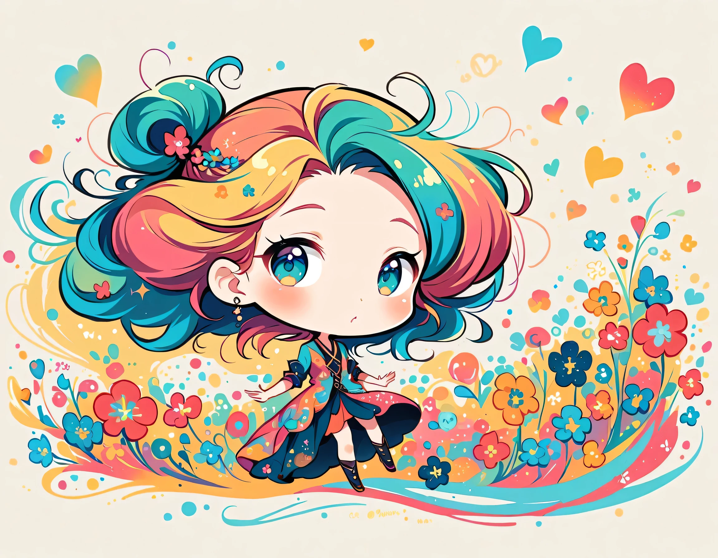 Kei Mochizuki style, Simple Line Initialism,Abstract art,Urban Background, colorful hearts ,colorful flowers, The most beautiful girl of all time, chibi